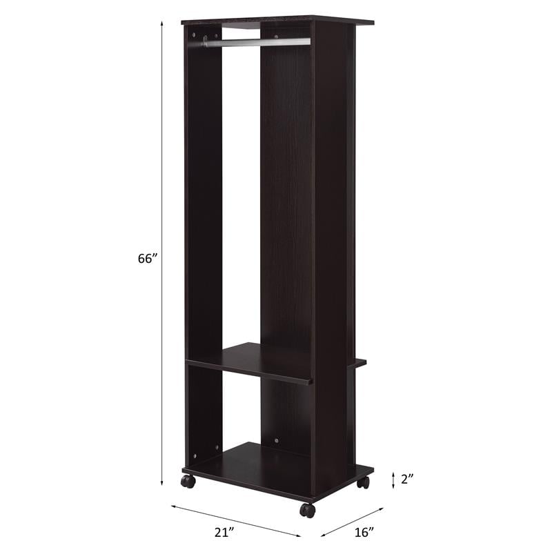 ACME Kolen Wooden Coat Stand with Hanging Rod and Caster Wheels in Espresso