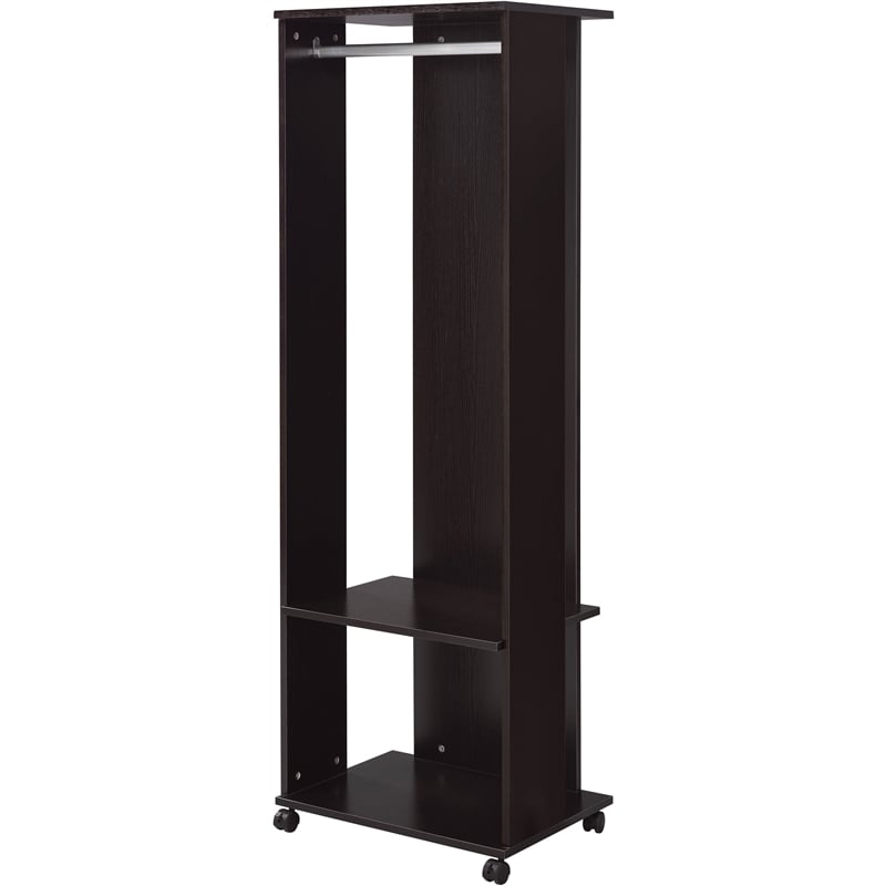ACME Kolen Wooden Coat Stand with Hanging Rod and Caster Wheels in Espresso