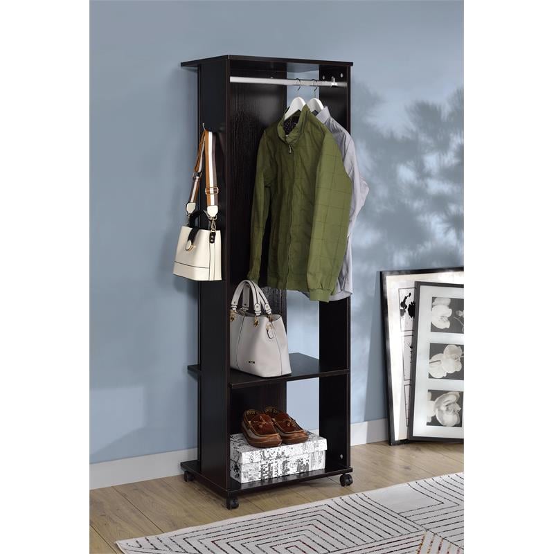ACME Kolen Wooden Coat Stand with Hanging Rod and Caster Wheels in Espresso