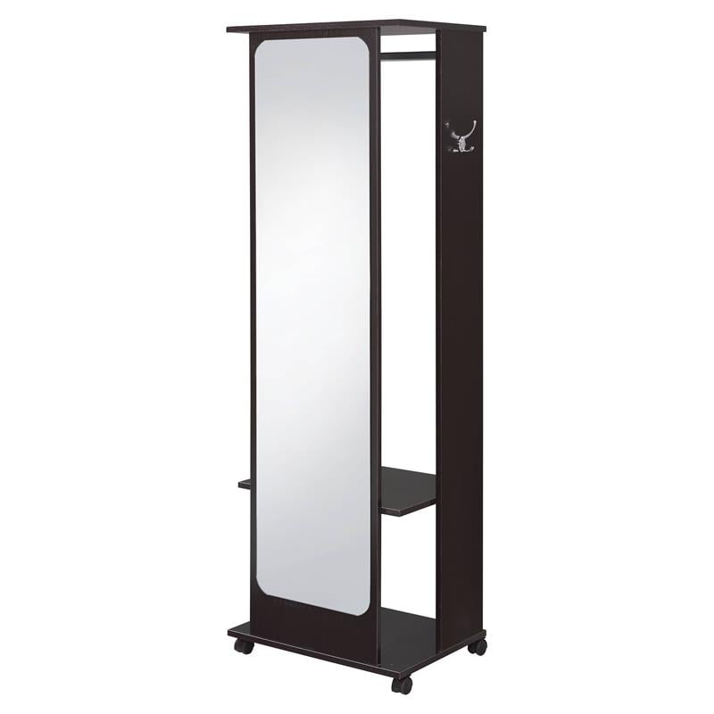 ACME Kolen Wooden Coat Stand with Hanging Rod and Caster Wheels in Espresso