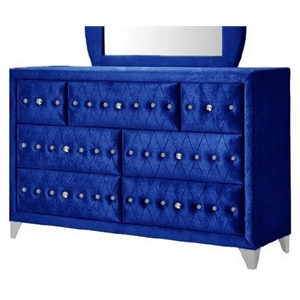 acme dante crystal-like knob velvet upholstered 7-drawer dresser in blue