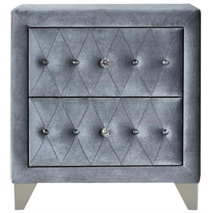 acme dante crystal-like knob velvet upholstered 2-drawer nightstand in gray