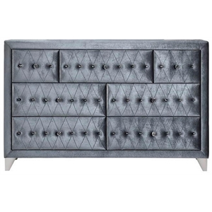 acme dante crystal-like knob velvet upholstered 7-drawer dresser in gray