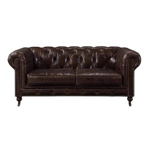 acme aberdeen button tufted leather upholstered loveseat in vintage brown