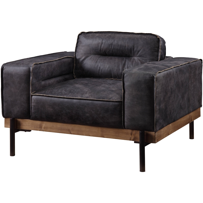 ACME Silchester Top Grain Leather Tufted Accent Chair in Antique Ebony