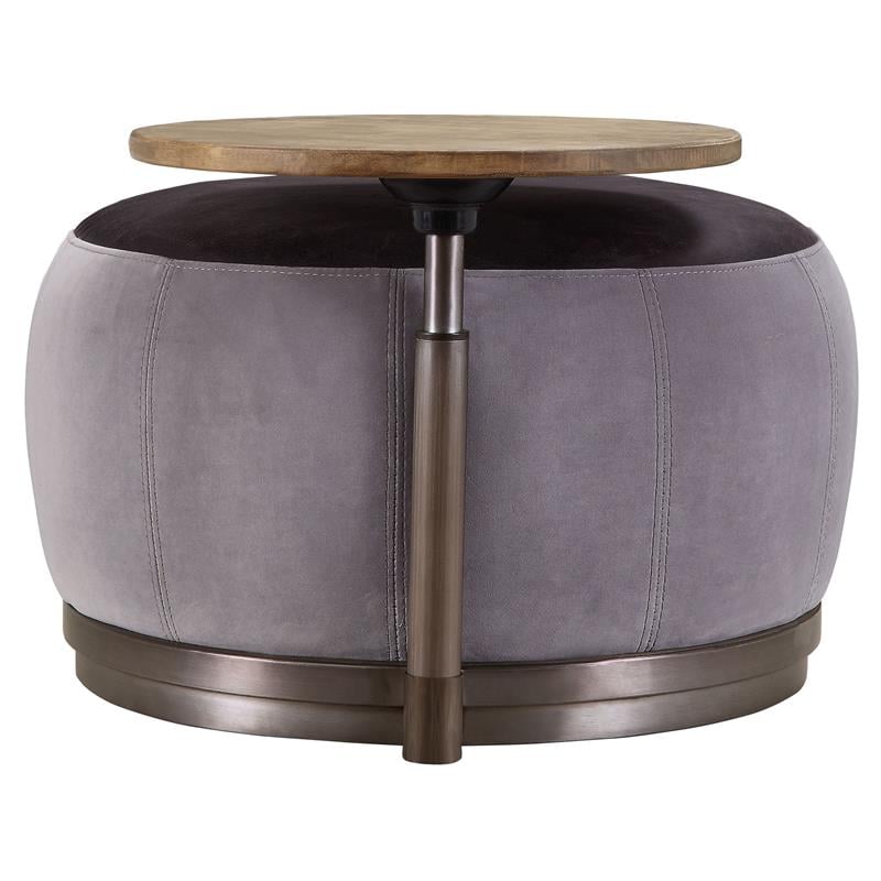 ACME Decapree Leather Ottoman with Side Table in Antique Slate and Gray