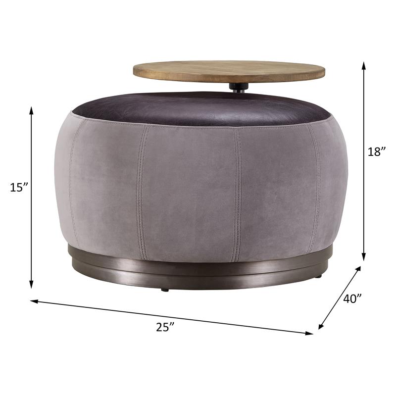 ACME Decapree Leather Ottoman with Side Table in Antique Slate and Gray