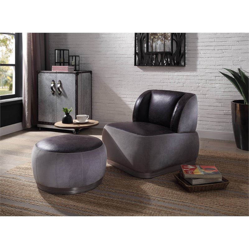 59271 Acme Furniture Decapre Ottoman in Antique Slate Top Grain Leather and Grey Velvet 