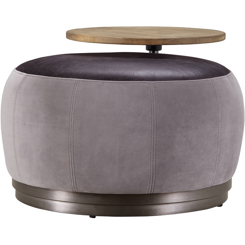 ACME Decapree Leather Ottoman with Side Table in Antique Slate and Gray