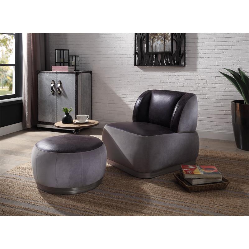 ACME Decapree Leather Ottoman with Side Table in Antique Slate and Gray