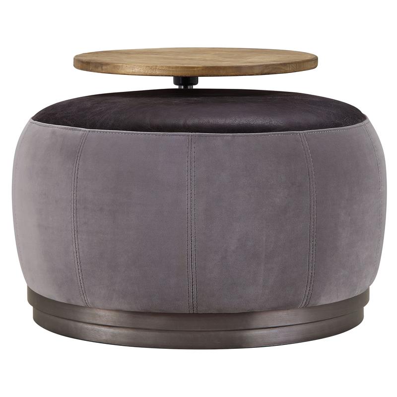 ACME Decapree Leather Ottoman with Side Table in Antique Slate and Gray