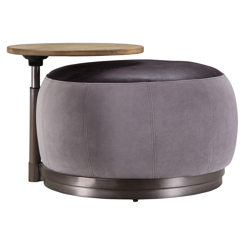 ACME Decapree Leather Ottoman with Side Table in Antique Slate and Gray