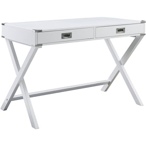 acme amenia wooden rectangular 2-drawer writing desk with x-shaped base in white