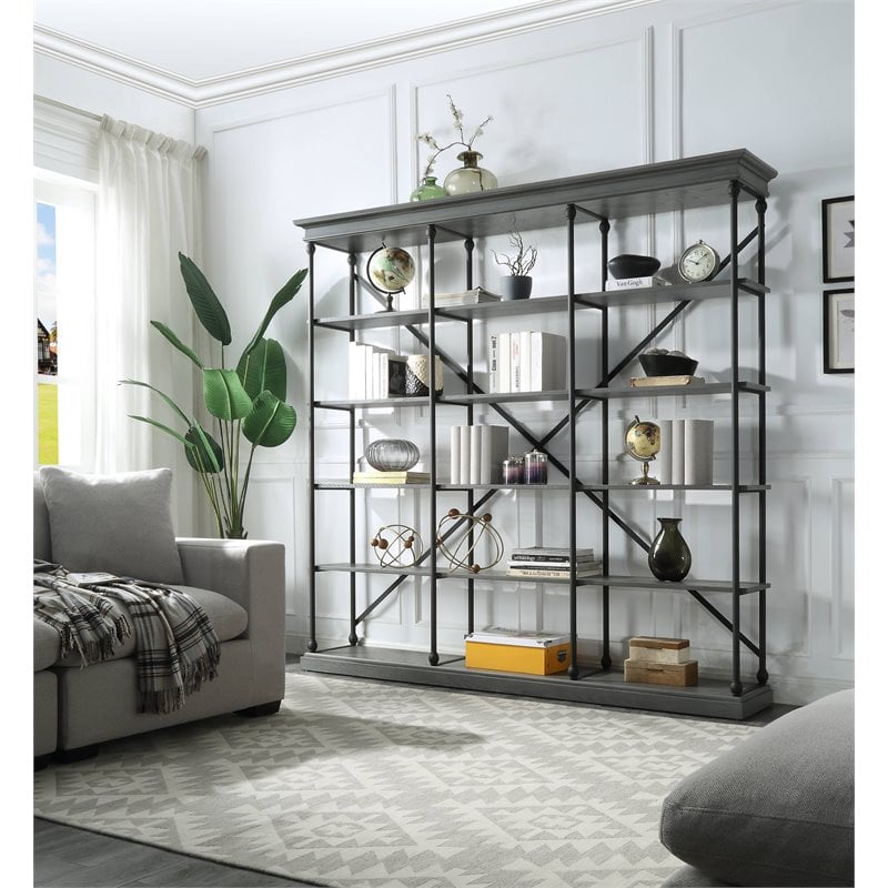 ACME Furniture Rukia Wood & Metal Bookshelf with 5 Tiers in Gray and Black