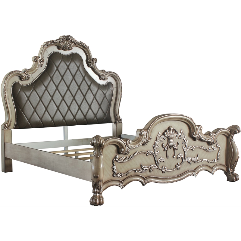 ACME Dresden Faux Leather California King Panel Bed in Vintage Bone White