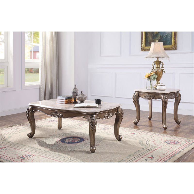 ACME Jayceon Rectangular Wooden Marble Top End Table in Champagne Brown