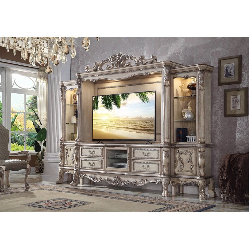 ACME Dresden Wooden Entertainment Center with Bridge in Vintage Bone White