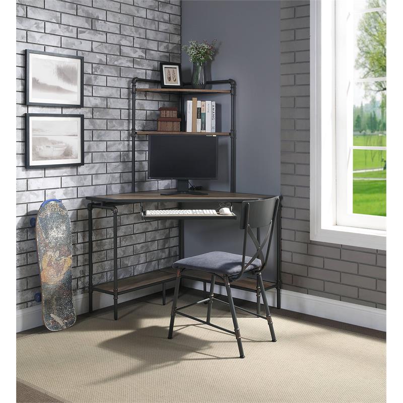 ACME Deliz Wooden Top Corner Writing Desk with Keyboard Tray in Sand Gray