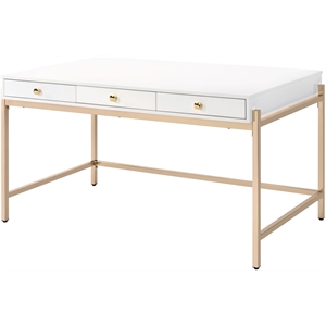 acme ottey wooden top writing desk with 3 drawers in white high gloss and gold