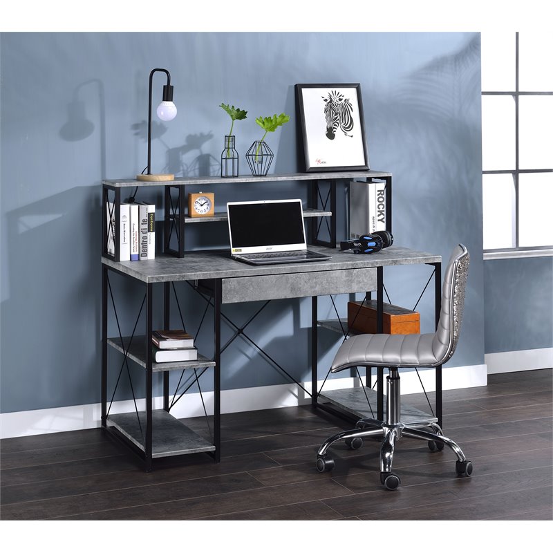 ACME Amiel Wooden 1-Drawer Writing Desk in Faux Concrete and Black