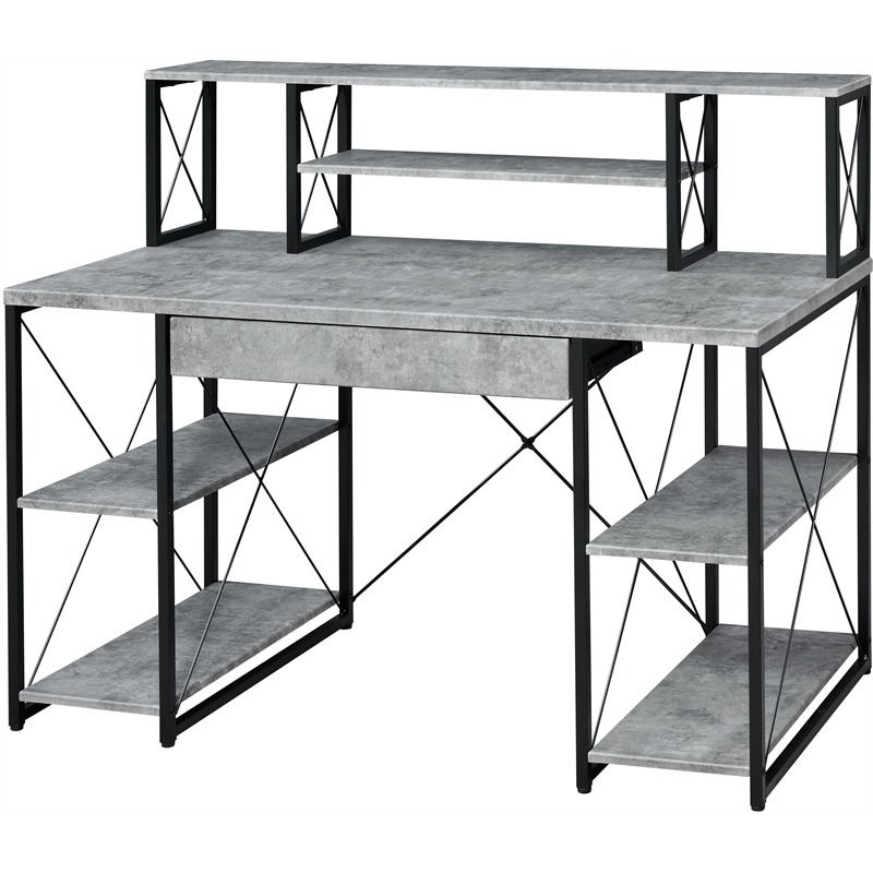 ACME Amiel Wooden 1-Drawer Writing Desk in Faux Concrete and Black