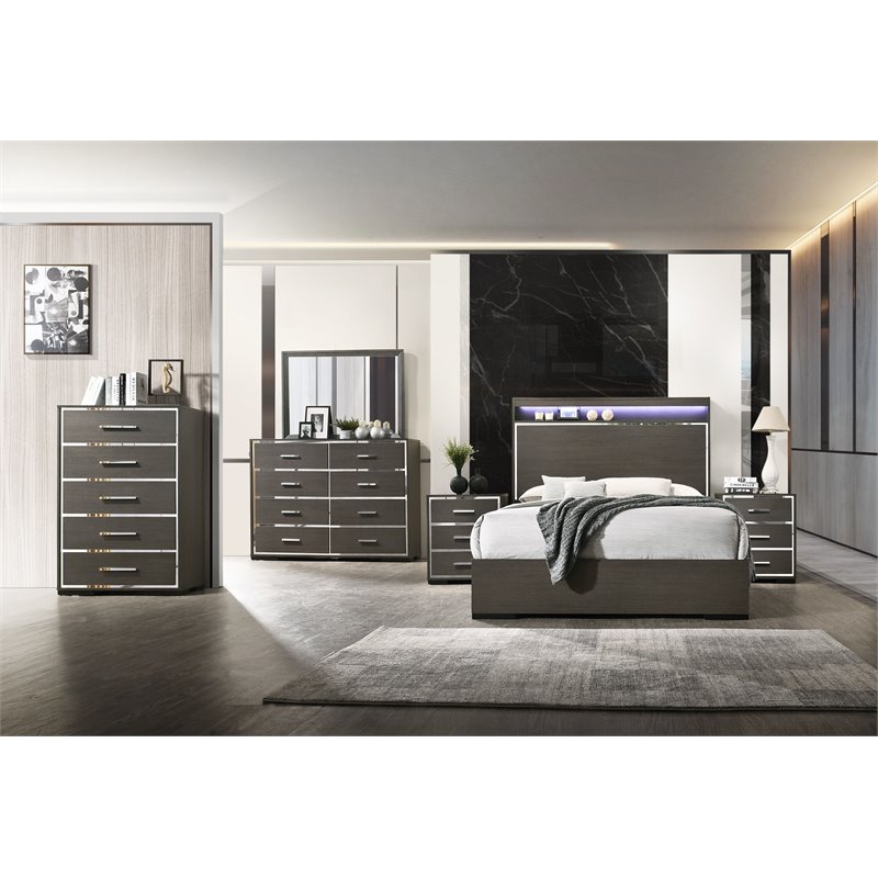 ACME Escher Wooden Eastern King Panel Bed with LED in Gray Oak
