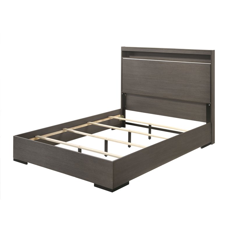 ACME Escher Wooden Eastern King Panel Bed with LED in Gray Oak