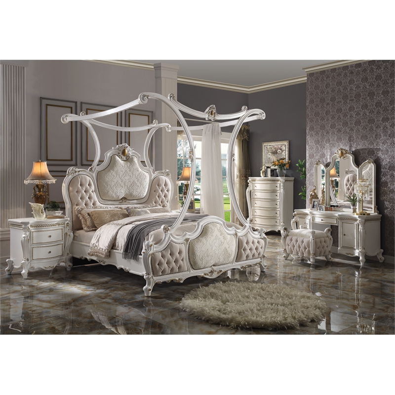 ACME Picardy Tufted Fabric Eastern King Bed with Canopy in Antique Pearl