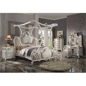 ACME Picardy Tufted Fabric Eastern King Bed with Canopy in Antique Pearl