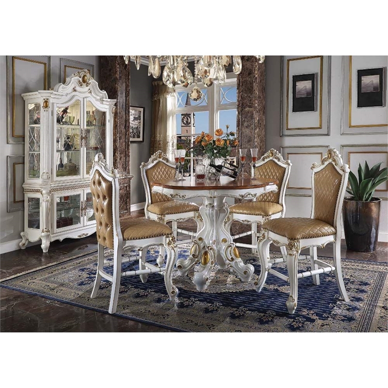 ACME Picardy Round Wooden Counter Height Table in Antique Pearl and Cherry Oak