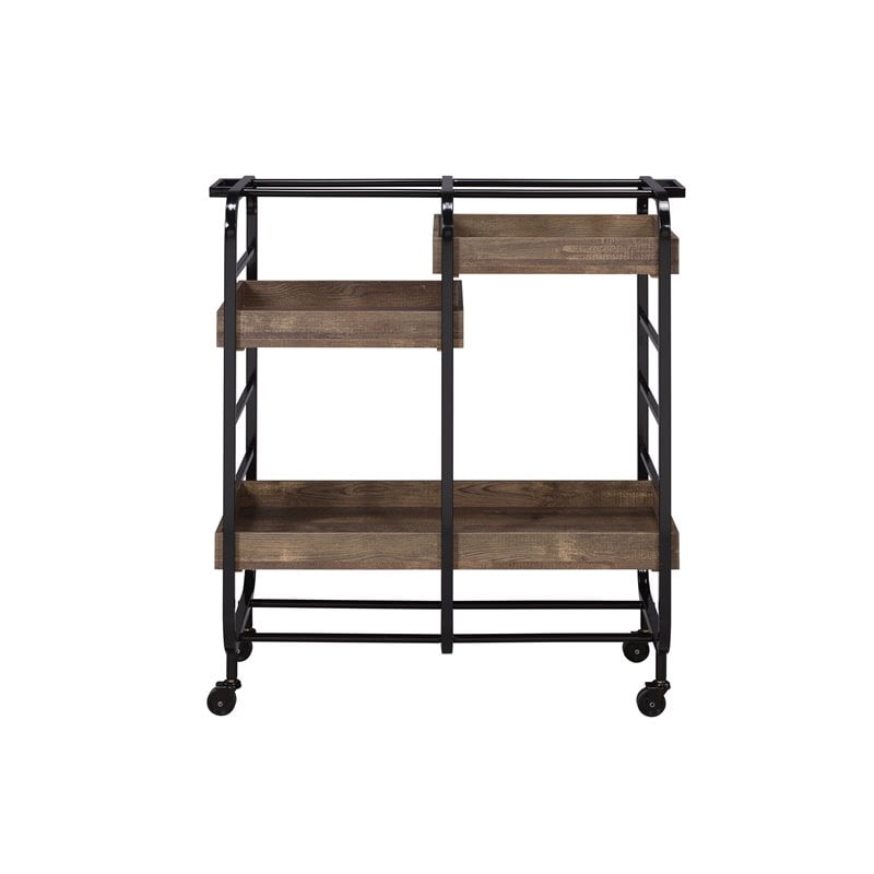 ACME Vorrik Serving Cart with 3 Wooden Adjustable Trays in Black and Walnut