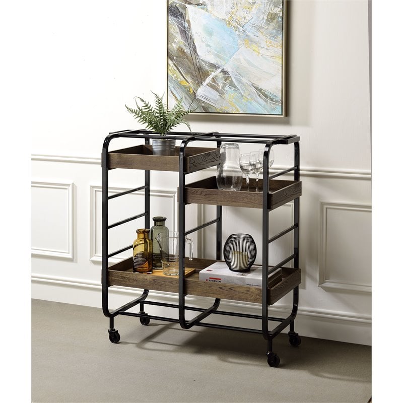 ACME Vorrik Serving Cart with 3 Wooden Adjustable Trays in Black and Walnut