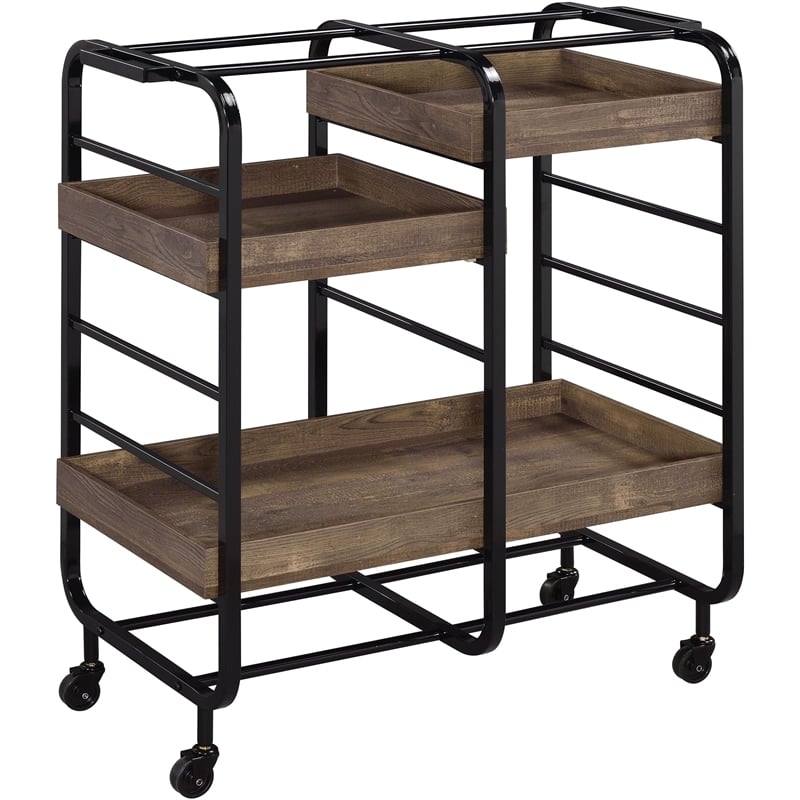 ACME Vorrik Serving Cart with 3 Wooden Adjustable Trays in Black and Walnut