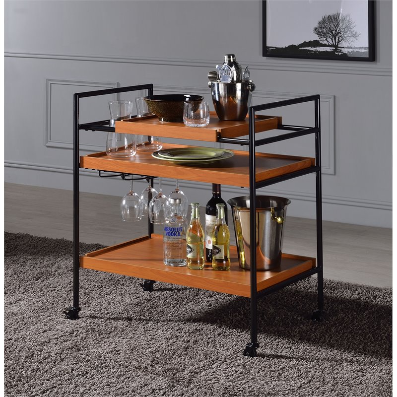 ACME Oaken Serving Cart with 3 Wooden Adjustable Shelves in Honey Oak and Black