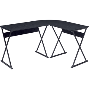 acme zafiri wooden top l-shaped writing desk with x-shaped metal base in black