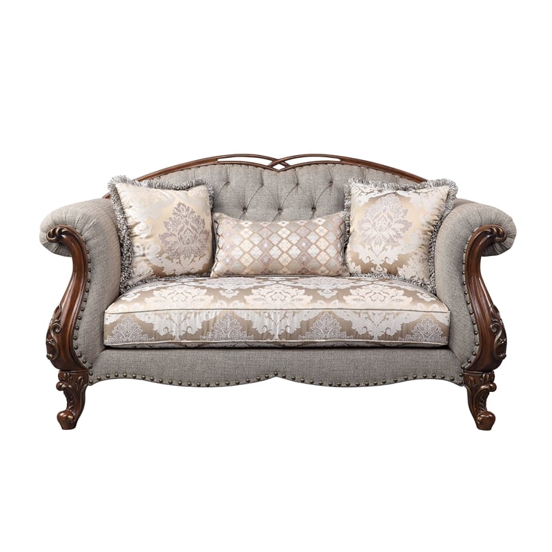 ACME Miyeon Loveseat with 3 Pillows in Gray Fabric and Cherry