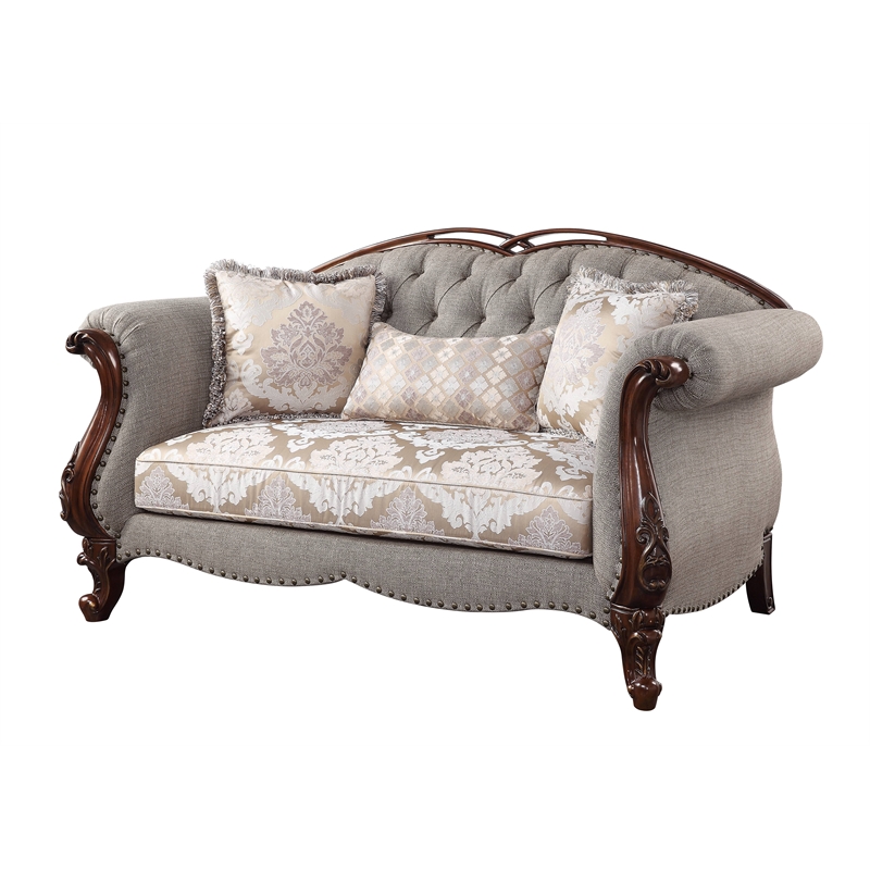 ACME Miyeon Loveseat with 3 Pillows in Gray Fabric and Cherry