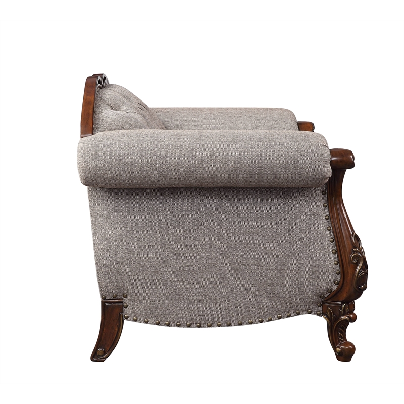 ACME Miyeon Fabric Button Tufted Chair with 1 Pillow in Gray and Cherry