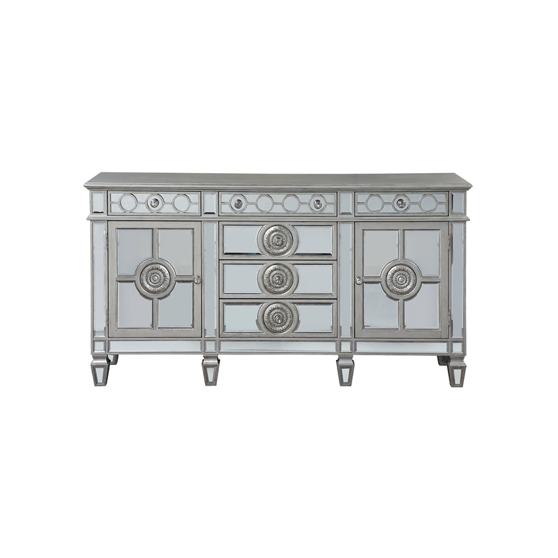 ACME Varian 6-Drawer Wooden Server with 2 Doors in Mirrored and Antique Platinum