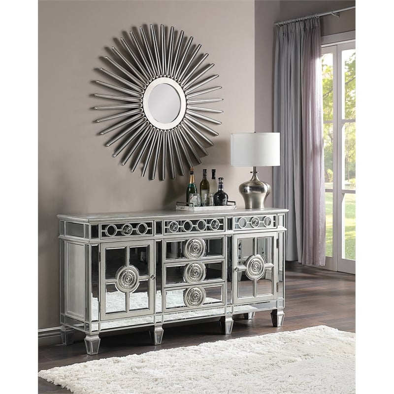 ACME Varian 6-Drawer Wooden Server with 2 Doors in Mirrored and Antique Platinum