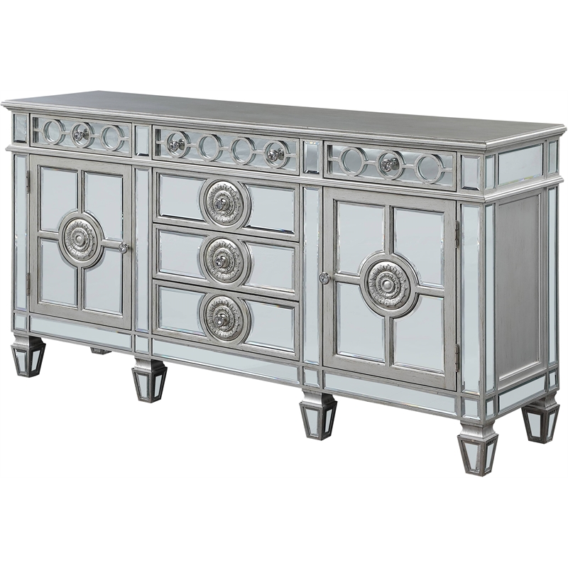 ACME Varian 6-Drawer Wooden Server with 2 Doors in Mirrored and Antique Platinum
