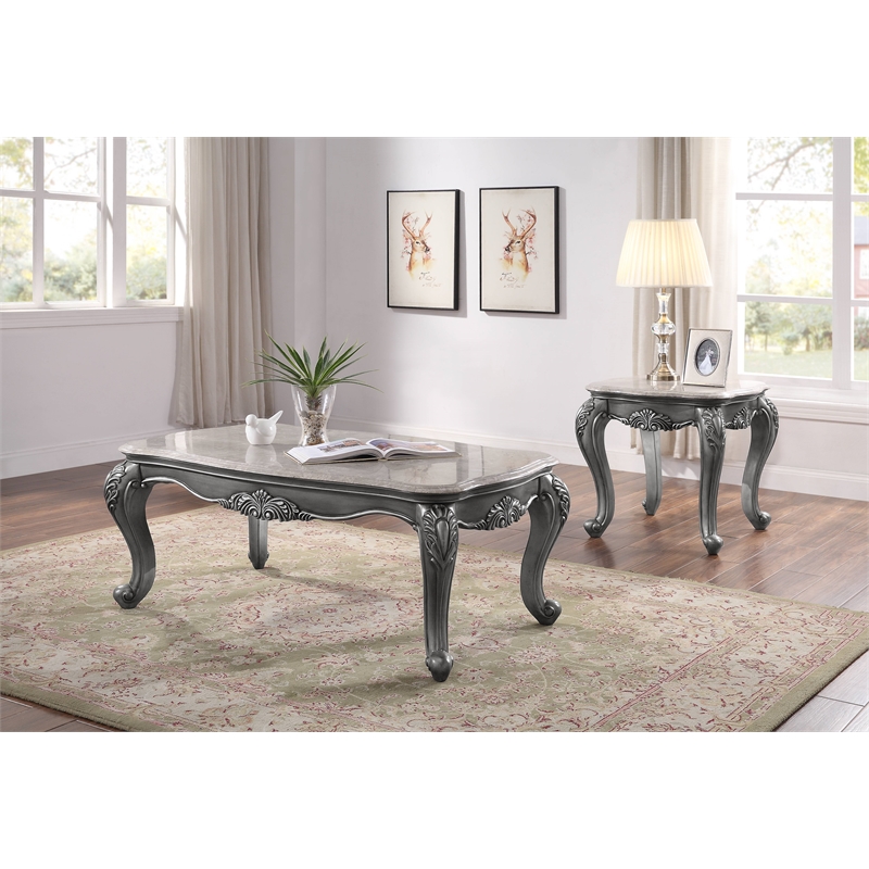 ACME Ariadne Rectangular Marble Top Wooden End Table in Gray Platinum