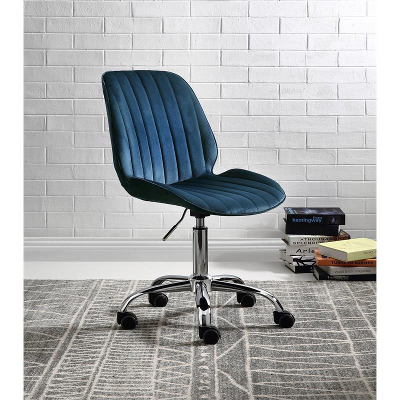 ACME Muata Tufted Velvet Armless Office Chair in Twilight Blue and Chrome