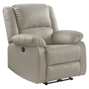 acme zuriel faux leather power recliner with pillow top armrest in beige