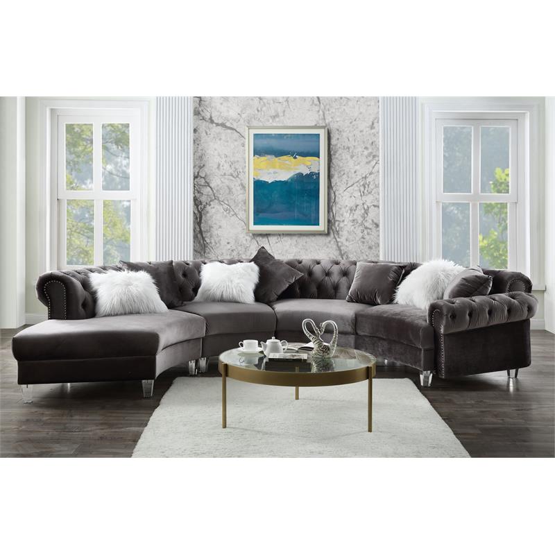 ACME Ninagold Sectional Sofa with 7 Pillows in Gray Velvet - 57355