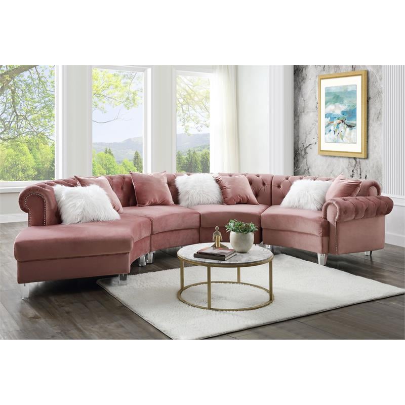 ACME Ninagold Sectional Sofa with 7 Pillows in Pink Velvet 