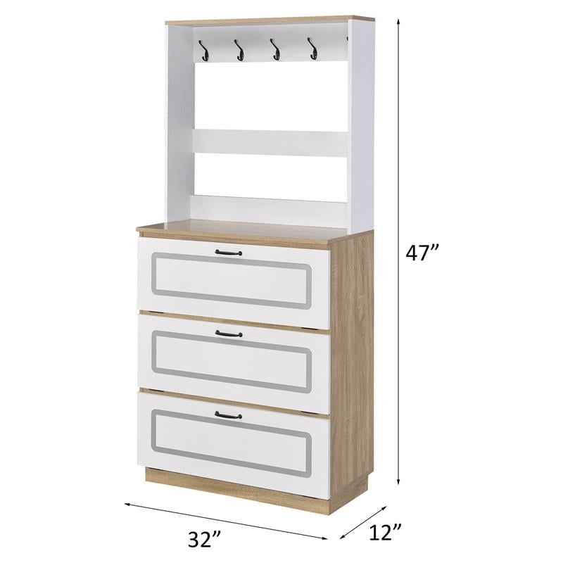 ACME Hewett Wooden Shoe Cabinet with 10 Metal Hooks in Light Oak and White