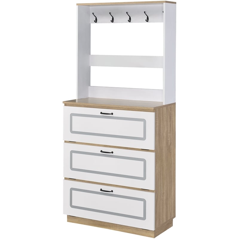 ACME Hewett Wooden Shoe Cabinet with 10 Metal Hooks in Light Oak and White