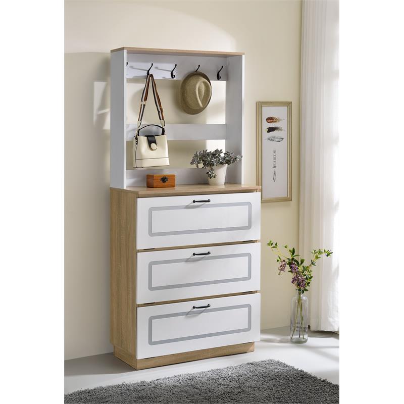 ACME Hewett Wooden Shoe Cabinet with 10 Metal Hooks in Light Oak and White