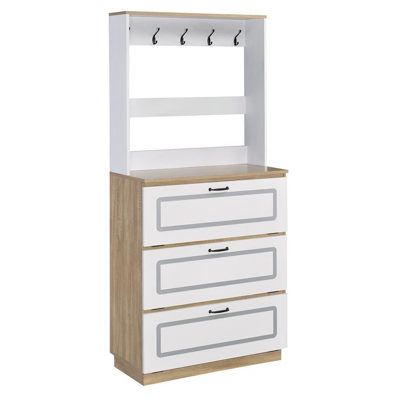 ACME Hewett Wooden Shoe Cabinet with 10 Metal Hooks in Light Oak and White